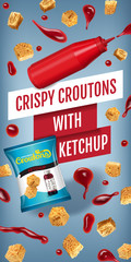 Vector realistic illustration of croutons with ketchup.