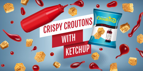 Vector realistic illustration of croutons with ketchup.