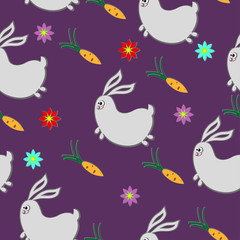Seamless pattern with a cartoon - funny rabbit and carrots