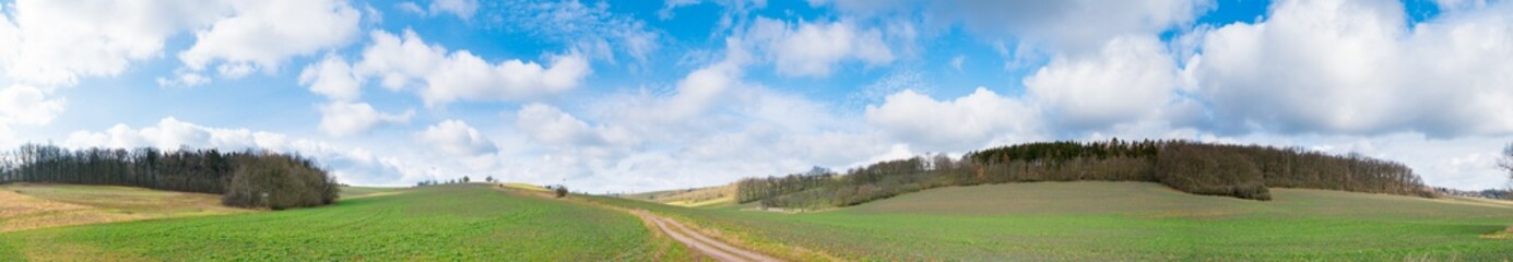 Panorama of green field and blue sky with clouds