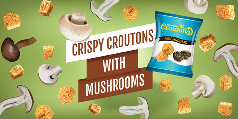 Vector realistic illustration of croutons with mushrooms.