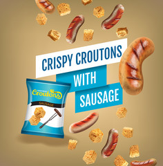 Vector realistic illustration of croutons with sausage.