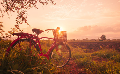 Obraz premium Beautiful landscape with red classic bicycle against sunset sky background