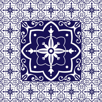 Tiles floor - vintage pattern vector with ceramic cement tiles. Big tile in center is framed in small. Background with portuguese azulejo, mexican talavera, moroccan, spanish, delft dutch motifs.