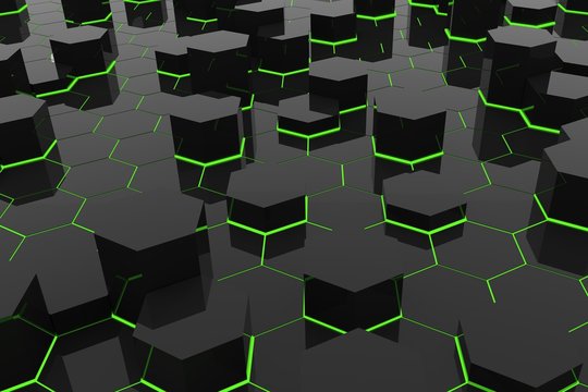 green light abstract background in black hexagons geometric style in 3D rendering