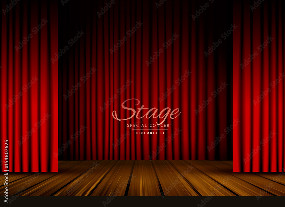 Wall mural open red curtains stage, theater or opera background with wooden floor