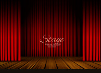 Obraz premium open red curtains stage, theater or opera background with wooden floor