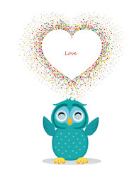 A happy owl throws a multicolored confetti in the shape of a hearts