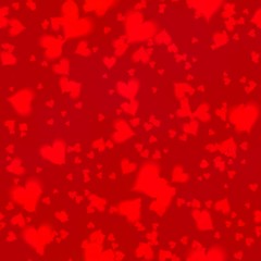 bokeh seamless shinning background with hearts in different sizes irregularly scattered on dark red background