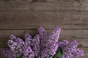 Lilac blossom on rustic wooden background with empty space for greeting message. Top view