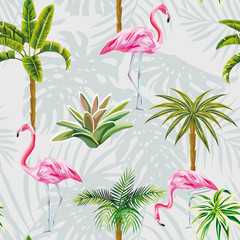 Flamingo palm trees cactus seamless grey background with leaves