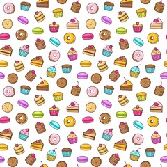 Kawaii seamless backgroundon a white background of sweet and dessert doodle, cake, sweet donat, cookies and macaron