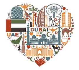 Obraz premium The heart is composed of the traditional symbols of Dubai and United Arab Emirates
