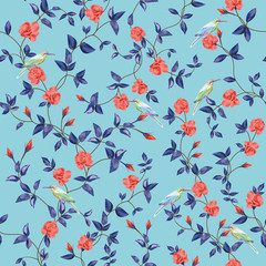 Seamless pattern flower rose with birds blue background