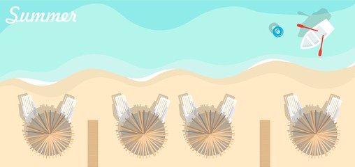 Fototapeta na wymiar Aerial view of summer beach in flat design style. Umbrellas, boat, rubber ring, beach lounger