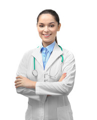 Portrait of young female nutritionist on white background