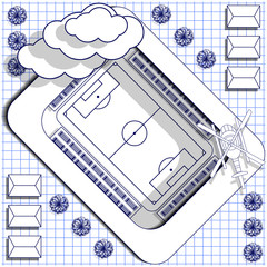 The stadium with a football field on the sheet in a cage. View from above. Vector illustration.
