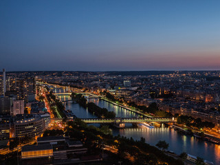 Detail of Paris from the top of Eiffel Tower, Paris, with Seine River at night