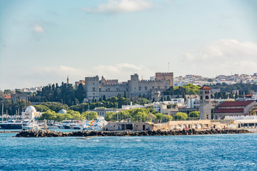 Rhodes old town, view from the sea, including the new agora and Grand Master Palace, Rhodes island, Greece