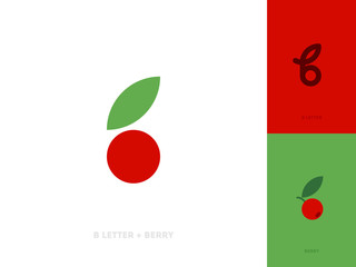 Flat style vector logo template or icon of letter b and red berry with leaf