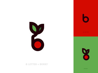 Line art style vector logo template or icon of red berry with leaf and letter b