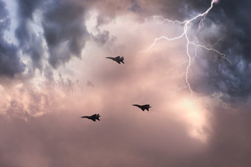 Fototapeta premium Soviet fighter and thunderstorm