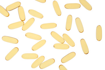 Fish oil capsules on white background