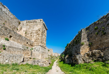 Fototapeta na wymiar Amazing walls of a medieval city of Rhodes, Rhodes island, Greece
