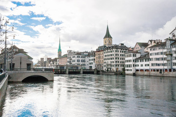 Fototapeta na wymiar the historic city center of zurich with famous fraumunster church