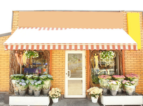 Facade Of Beautiful Flower Shop On Sunny Day