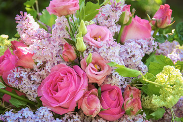 Beautiful bouquet of different festive flowers, closeup