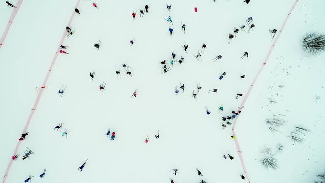 Cross country ski racing. Skiers are competing at racing. Top View