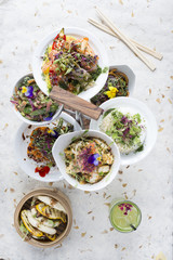 Overhead Shot of Assorted Vegetarian Meals on Tiered Plate Server
