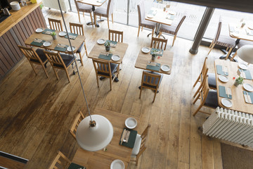 Wide View of a Brightly-Lit Restaurant Interior