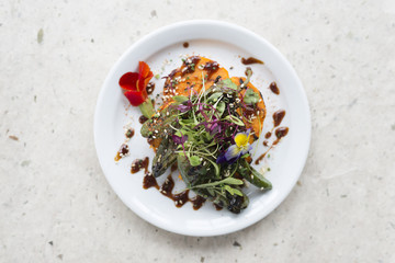 Overhead of Vegetable Salad Meal on Round White Plate
