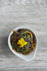 Overhead of Bowl of Vegetable Stir-Fried Noodles with Copy Space