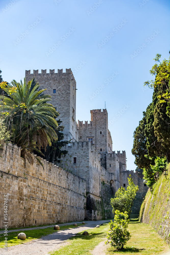 Canvas Prints Walls of Rhodes old town and Palace of the Grand Master, view from the moat, Rhodes island, Greece  - Canvas Prints