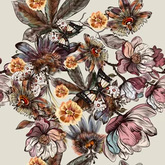 Fotobehang Beautiful botanical illustration pattern in watercolor with drawn vintage flowers © Mary fleur