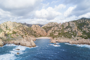 Aerial view of the amazing turquoise beach. .Emerald Coast in Sardinia Island, is one of the most beautiful and famous coasts in the world