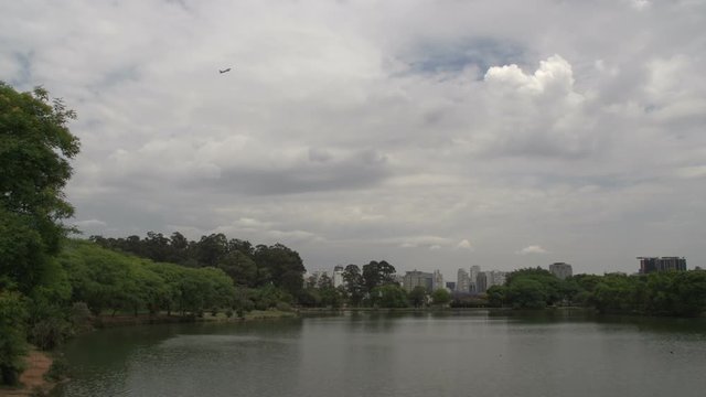 Ibirapuera park,  pond,  skyline, Sao Paulo