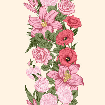 Seamless border. Bouquet of flowers. Vector illustration.