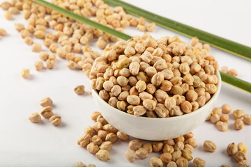 Bbowl of chickpeas on white background.