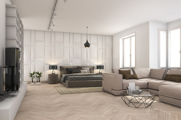 3d rendering scandinavian living room and bedroom © dit26978