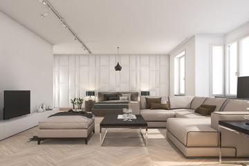 3d rendering scandinavian living room and bedroom with tv