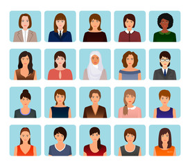 Avatars characters set of different kind women. Business, elegant and sports female icons faces.