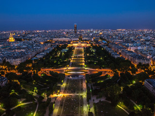 Landscape of Paris from the top of Eiffel Tower, Paris, with Montparnasse tower and Military School...