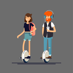 Young man and woman on electric scooter mono wheel