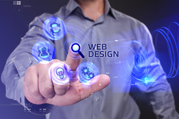Business, Technology, Internet and network concept. Young businessman working on a virtual screen of the future and sees the inscription: Web design