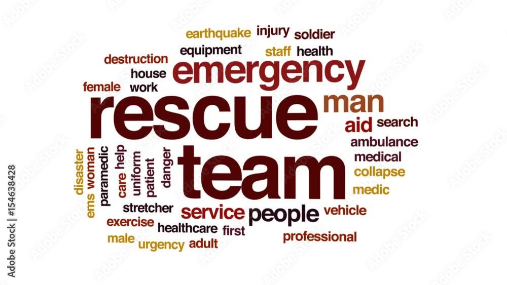 Poster rescue team animated word cloud, text design animation.