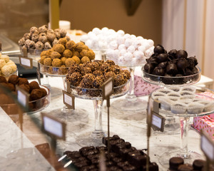 Selection of chocolate in a row, shop in Belgium